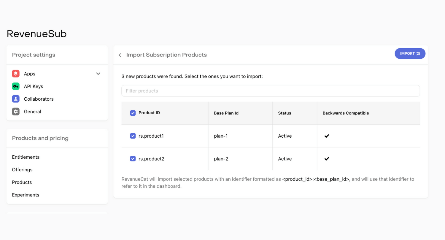 Import Subscription Products in RevenueCat
